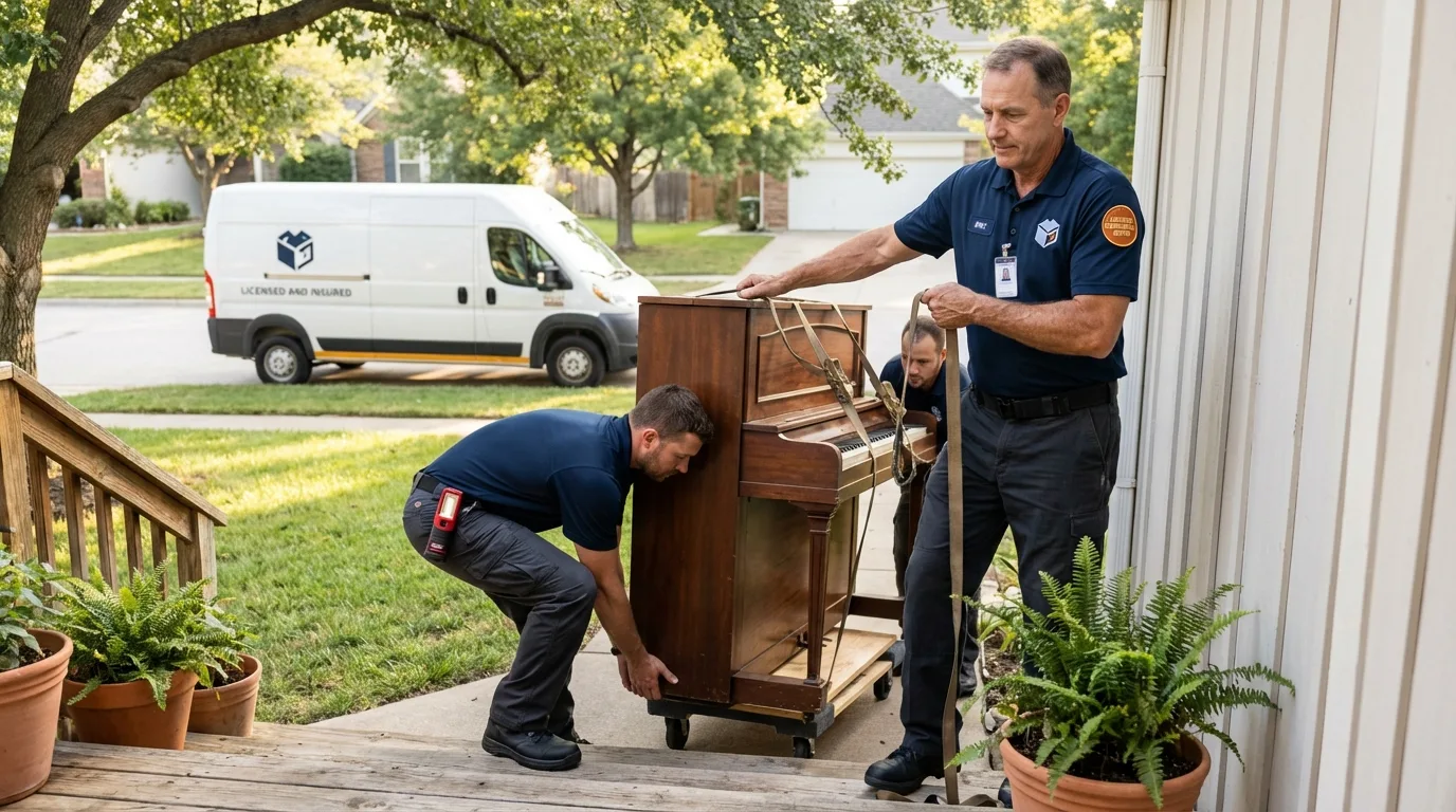 Licensed piano movers securing grand piano in Farmingdale, NJ