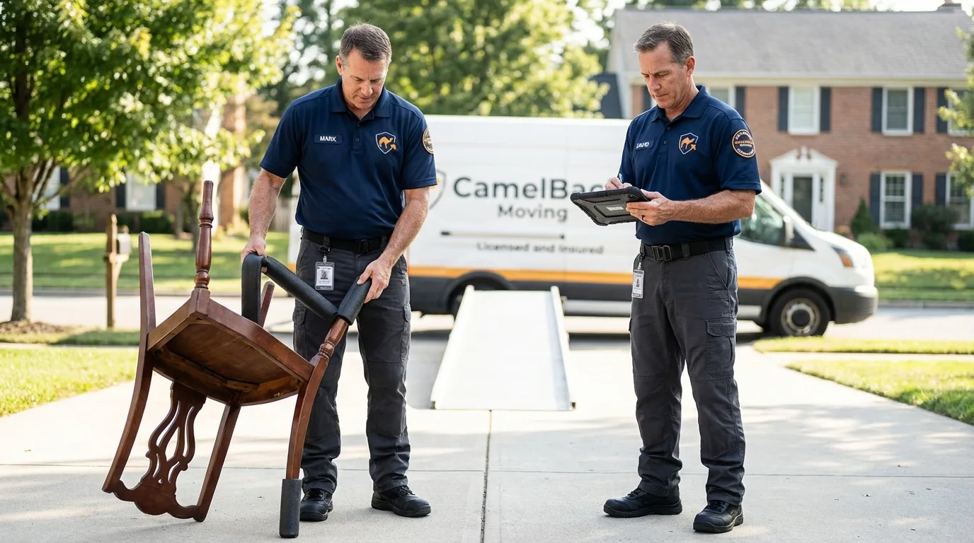 Movers inspecting furniture for damage prevention before loading in Farmingdale, NJ
