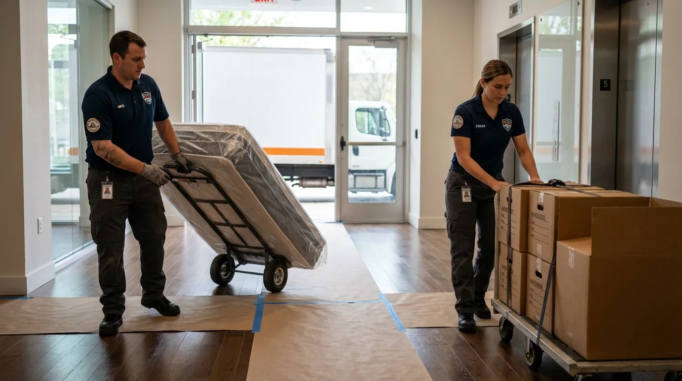 Professional apartment movers loading elevator in Farmingdale, NJ