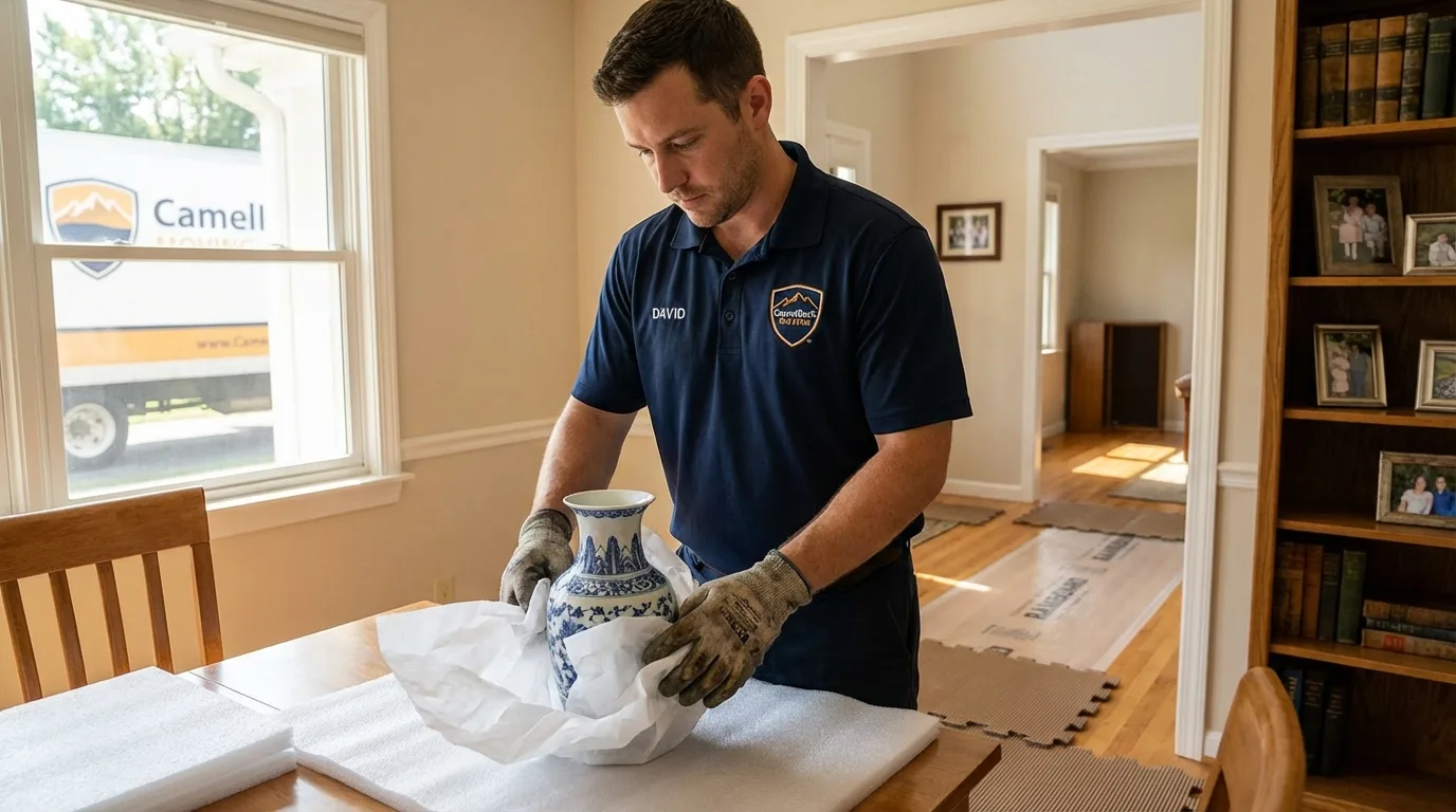 Professional crew carefully wrapping antique vase for senior downsizing move in Farmingdale, NJ